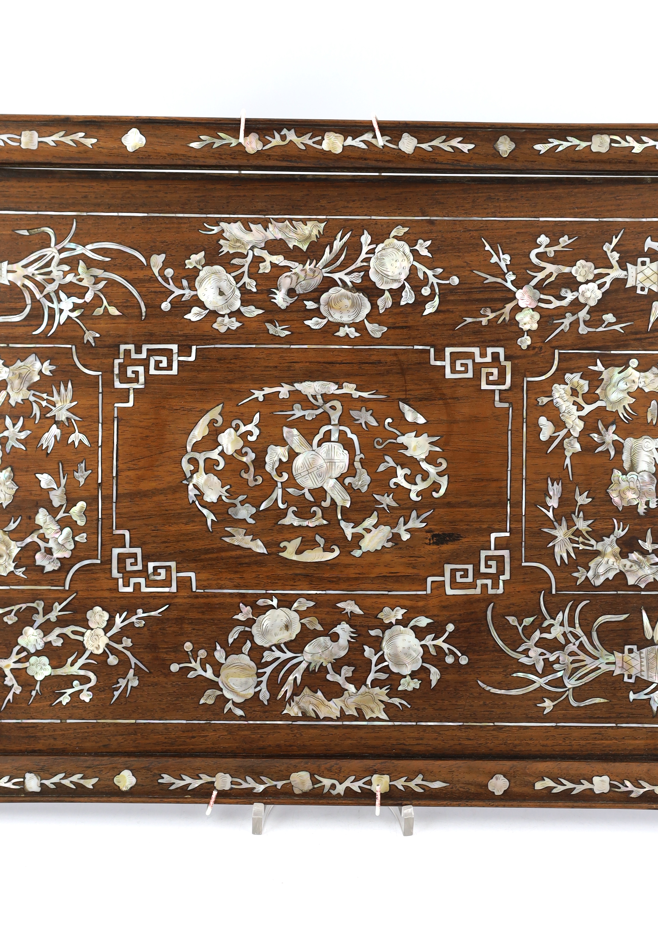 A Chinese hongmu and mother of pearl inlaid tray, late 19th century